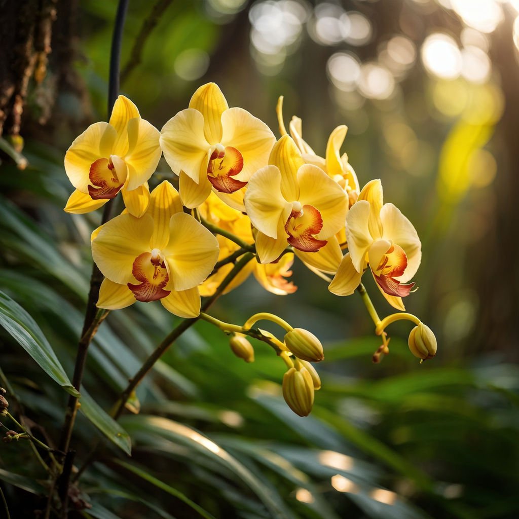 yellow-orchids-bloom-on-slender-green-stems-petals-delicately-unfolding-to-reveal-the-intricate-pat