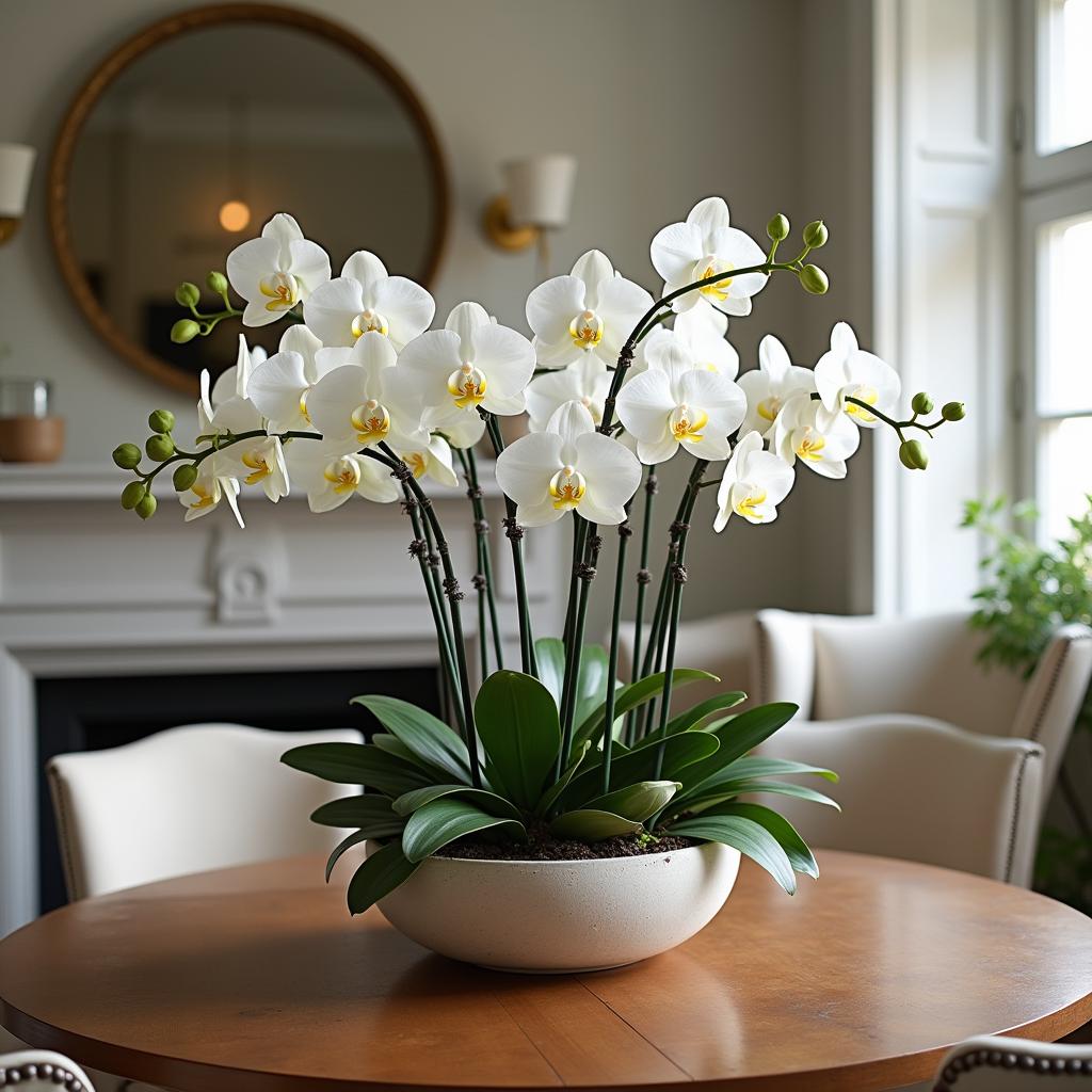 Orchids arrangement on dining room table